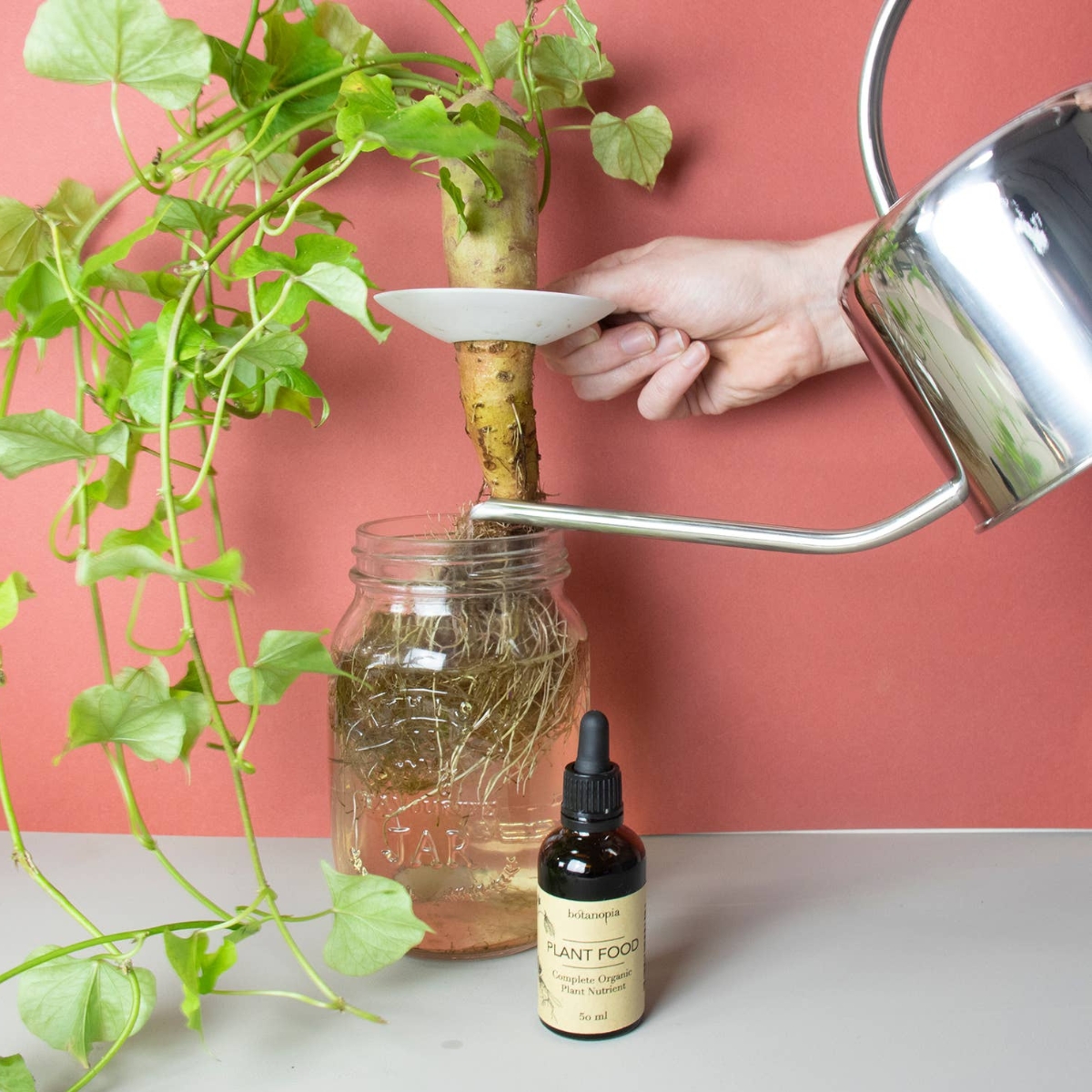 Botanopia organische plantenvoeding in een bruin flesje met pipetje met een gieter en een plant
