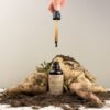 Botanopia organische plantenvoeding in een bruin flesje met pipetje met op de achtergrond wortels