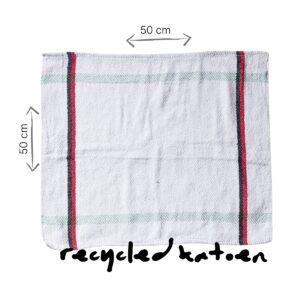 theedoek PUEBCO off white met rood en zwarte streep van recycled katoen met maatvoering