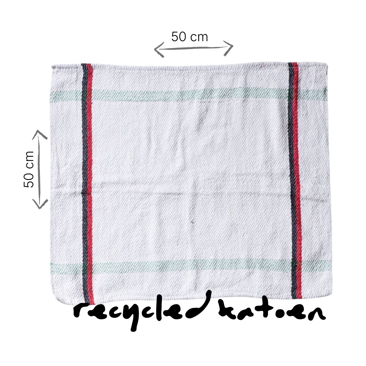 theedoek PUEBCO off white met rood en zwarte streep van recycled katoen met maatvoering