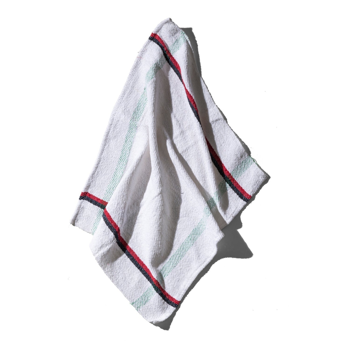 theedoek PUEBCO off white met rood en zwarte streep van recycled katoen