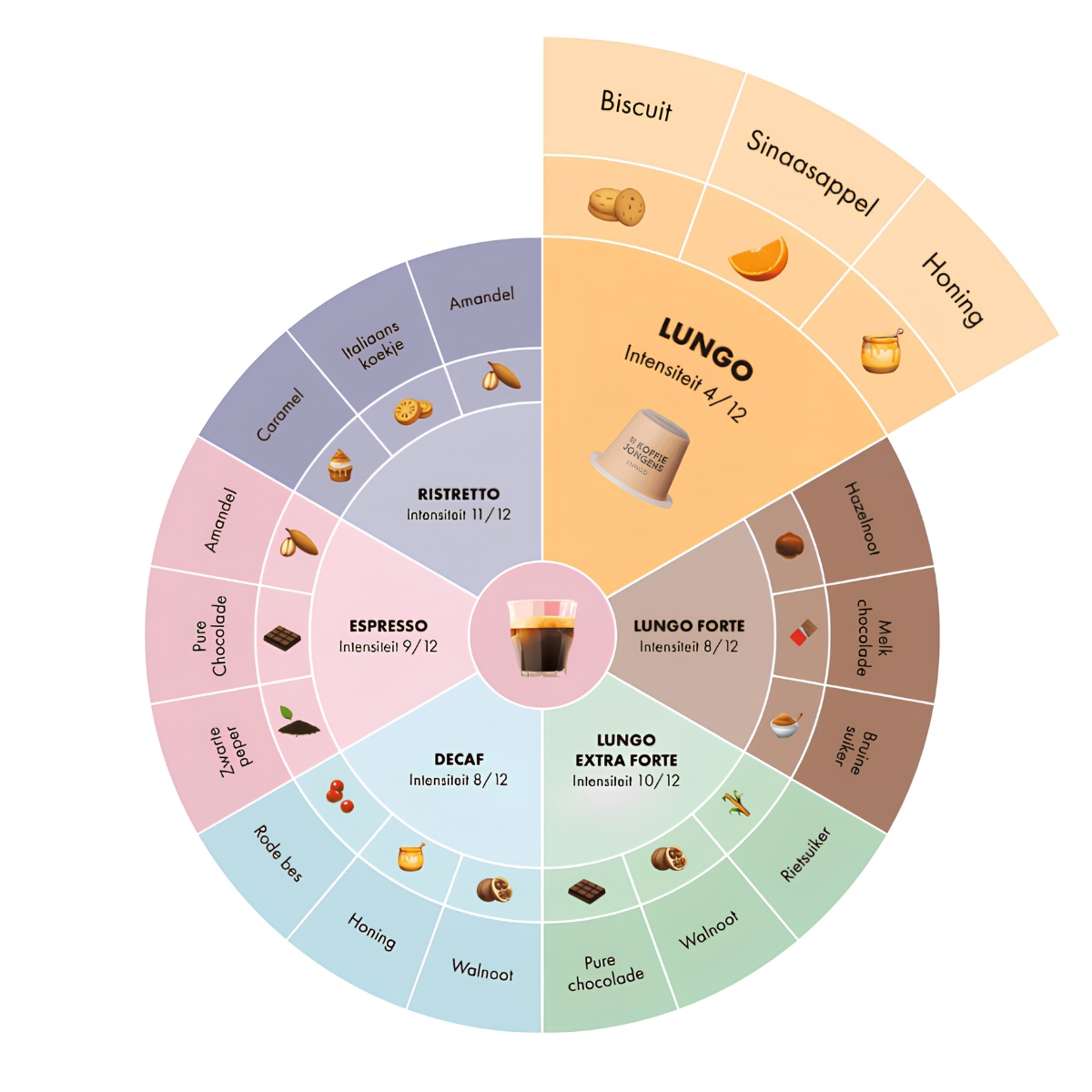 De KoffieJongens Lungo smaakwiel met uitleg