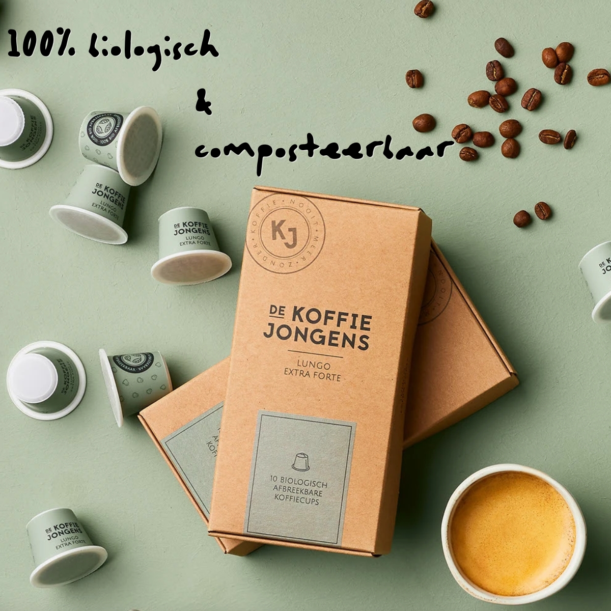 De KoffieJongens Lungo Extra Forte capsules verpakking met tekst biologisch en composteerbaar