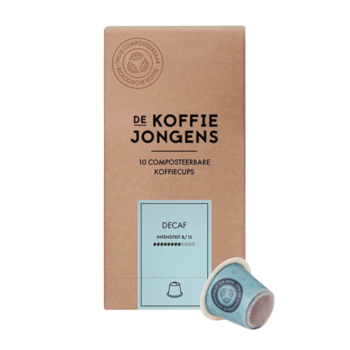 De KoffieJongens decaf productfoto verpakking met cup