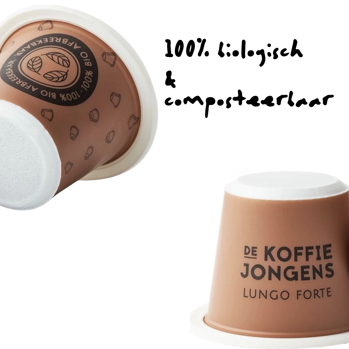 De KoffieJongens Lungo Forte capsules verpakking met tekst biologisch en composteerbaar