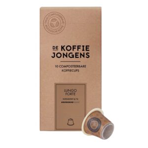 De KoffieJongens Lungo Forte verpakking met cup ervoor