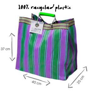 Puebco tas met groen en paars strepen gemaakt van 100% gerecycled plastic met maten