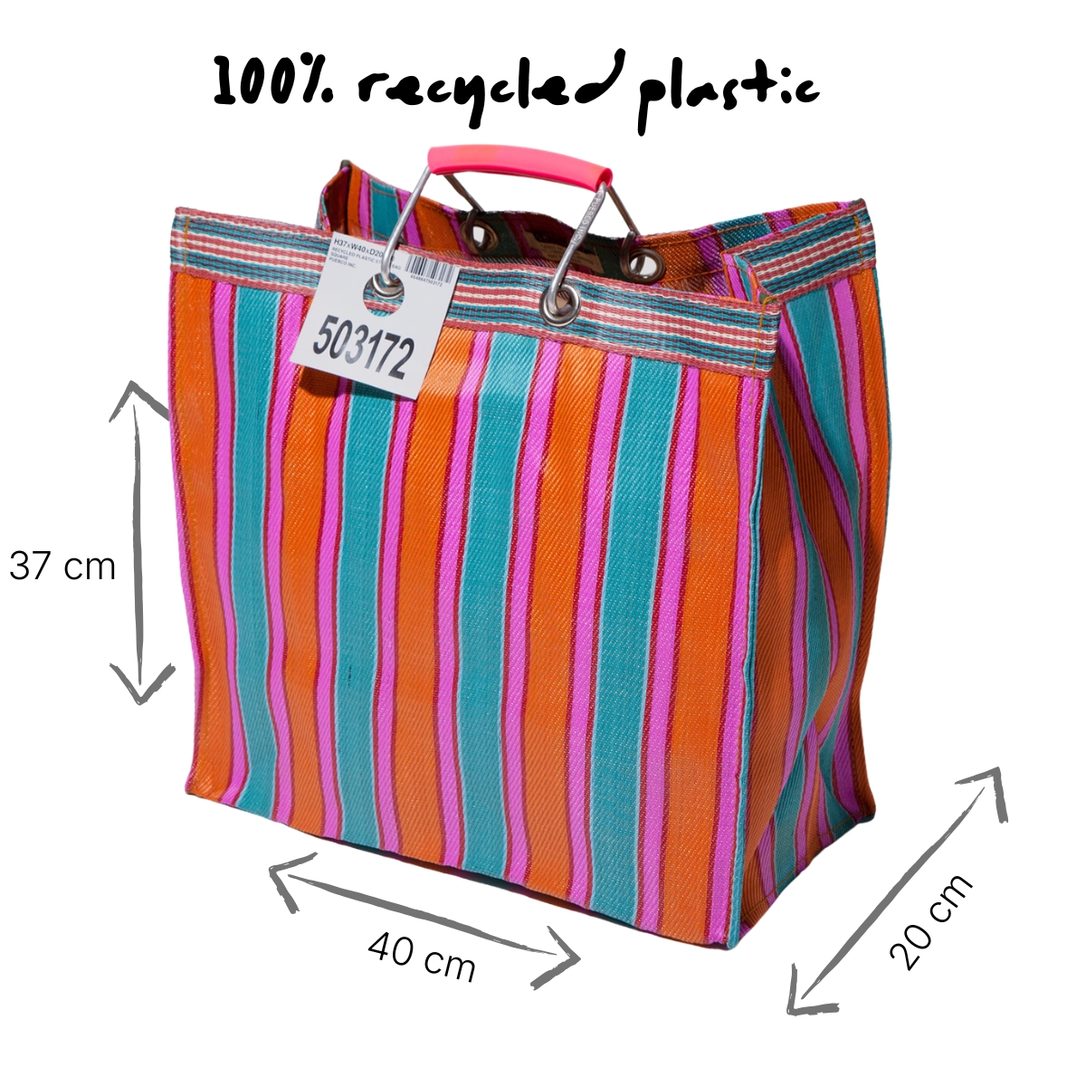 Puebco tas met oranje en roze strepen gemaakt van 100% gerecycled plastic met maten