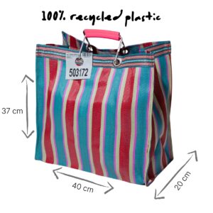 Puebco tas met rood en blauw strepen gemaakt van 100% gerecycled plastic met maten