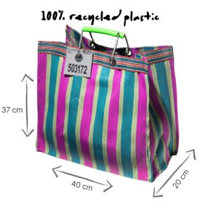 Puebco tas met groen en roze strepen gemaakt van 100% gerecycled plastic