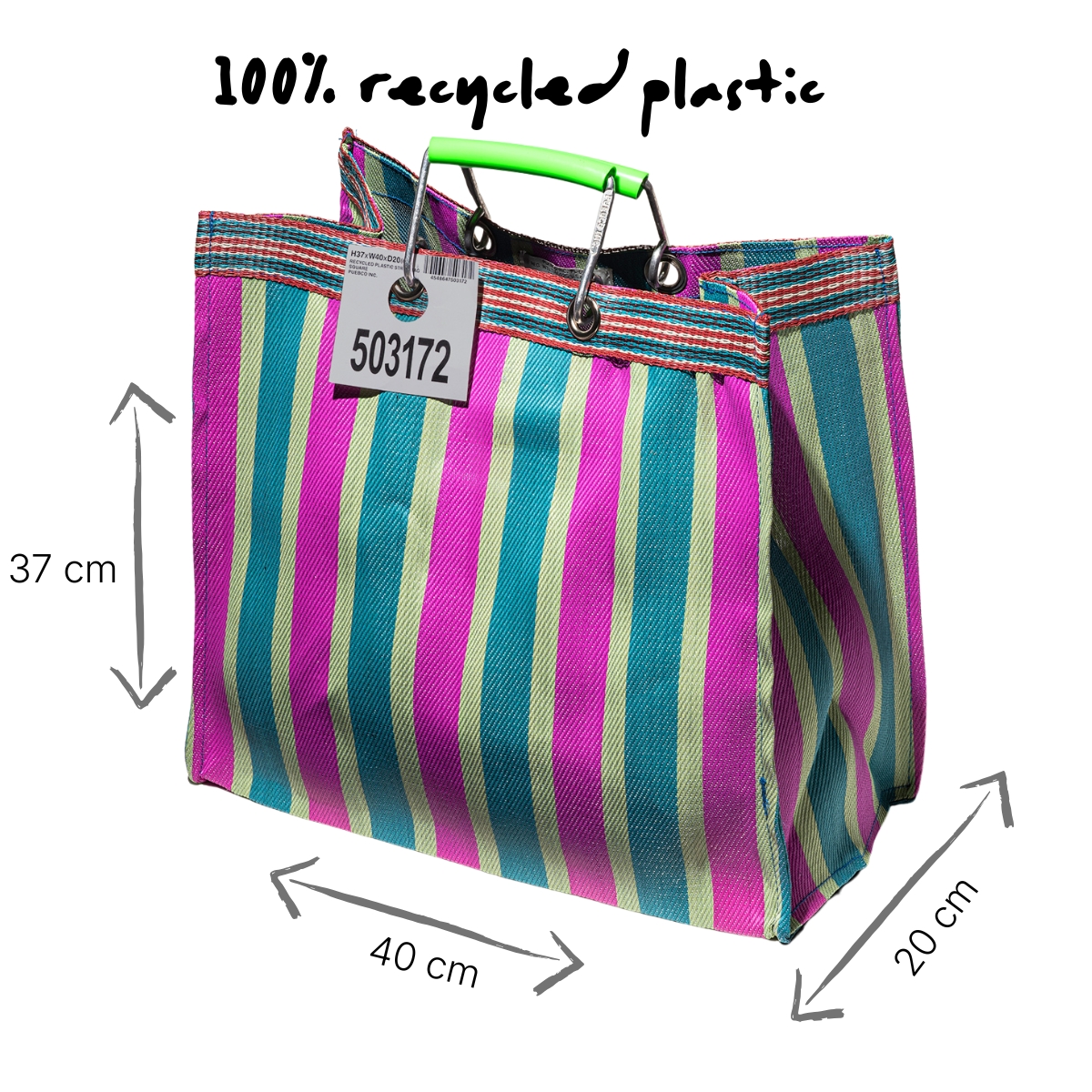 Puebco tas met groen en roze strepen gemaakt van 100% gerecycled plastic