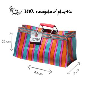 PUEBCO langwerpige tas met oranje en roze strepen gemaakt van 100% gerecycled plastic met maatvoering