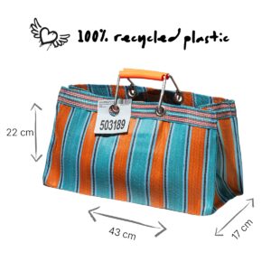 PUEBCO langwerpige tas met oranje blauw strepen gemaakt van 100% gerecycled plastic maatvoering