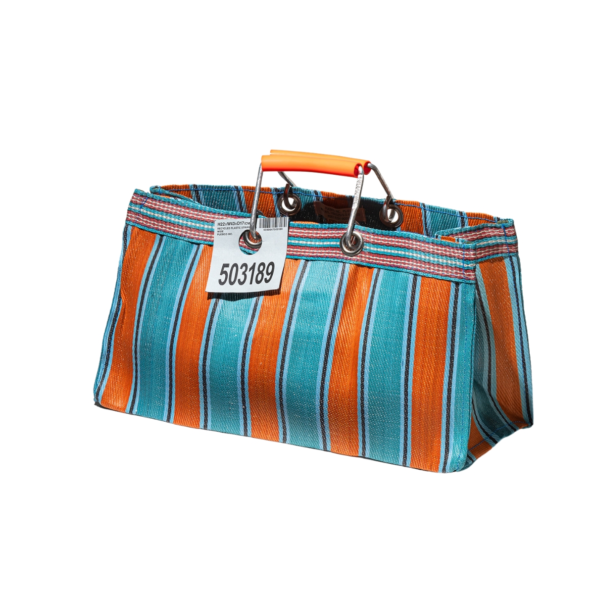 PUEBCO langwerpige tas met oranje blauw strepen gemaakt van 100% gerecycled plastic