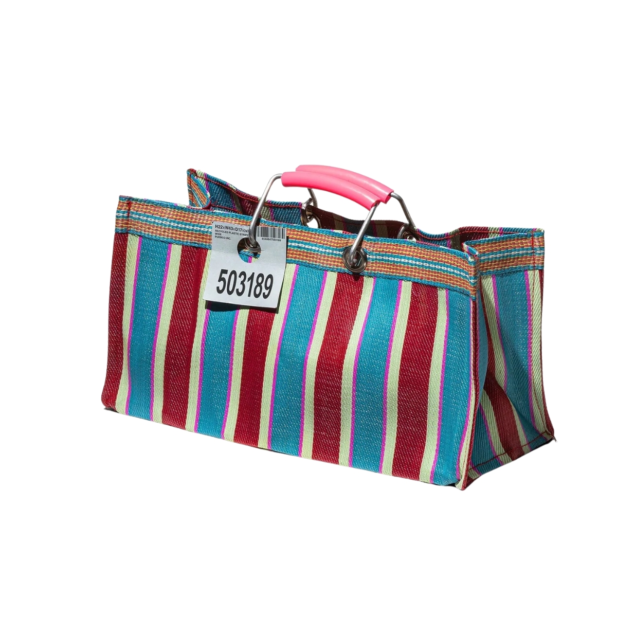 PUEBCO langwerpige tas met rood blauw strepen gemaakt van 100% gerecycled plastic