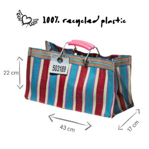 PUEBCO langwerpige tas met rood blauw strepen gemaakt van 100% gerecycled plastic maatvoering