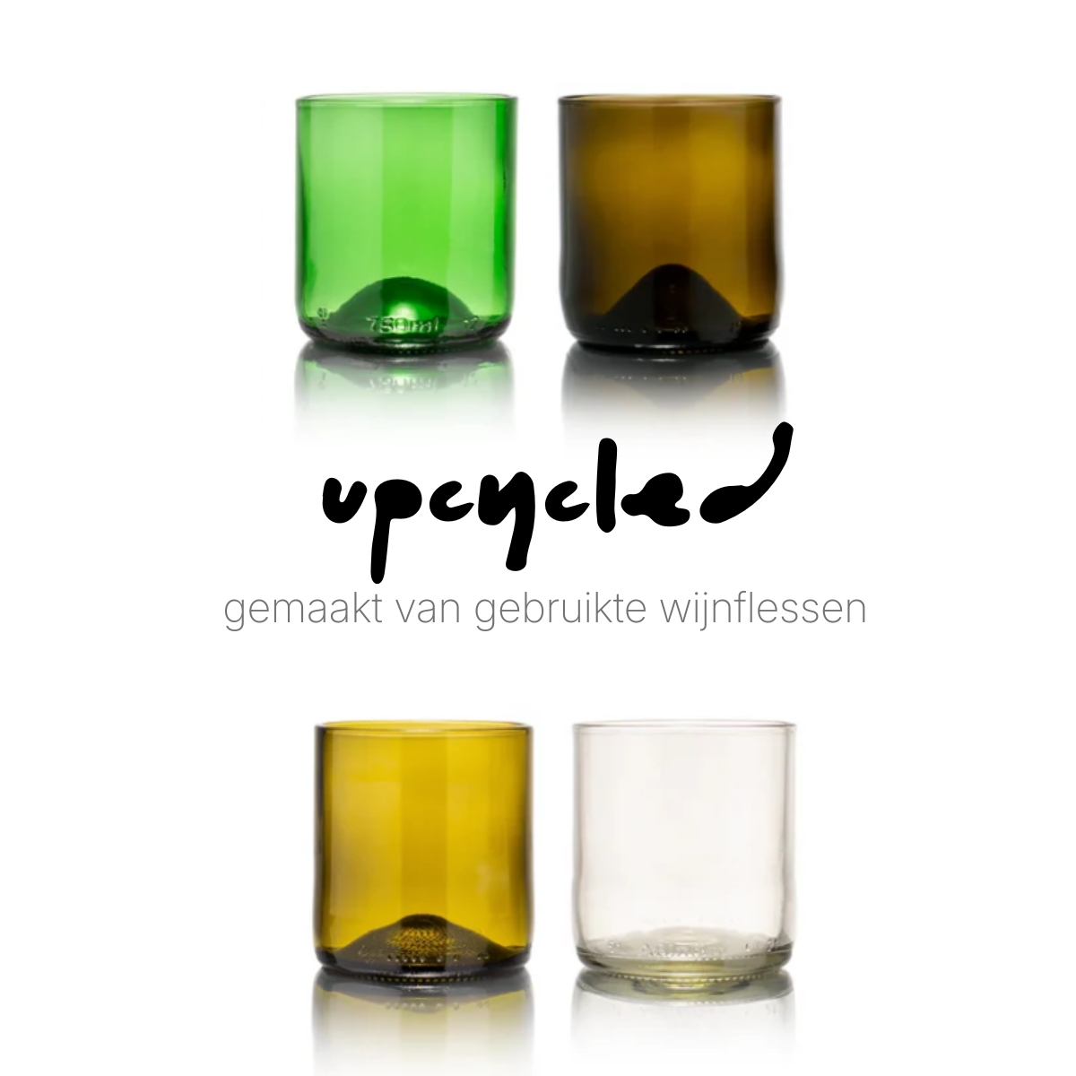 Rebottled tumbler short glazen in 4 kleuren met de tekst upcycling