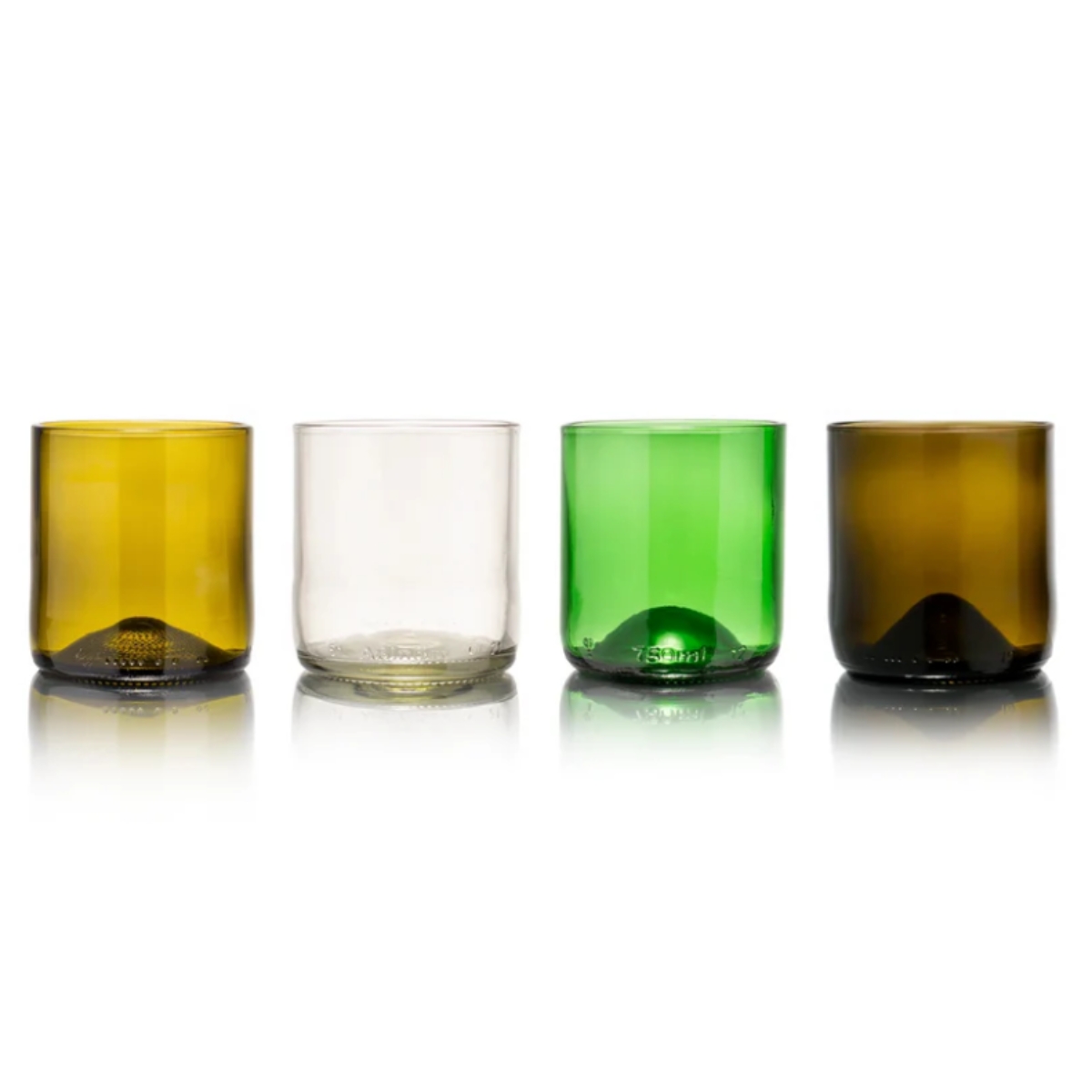 Rebottled tumbler short glazen in de kleur groen, helder, olijf en bruin
