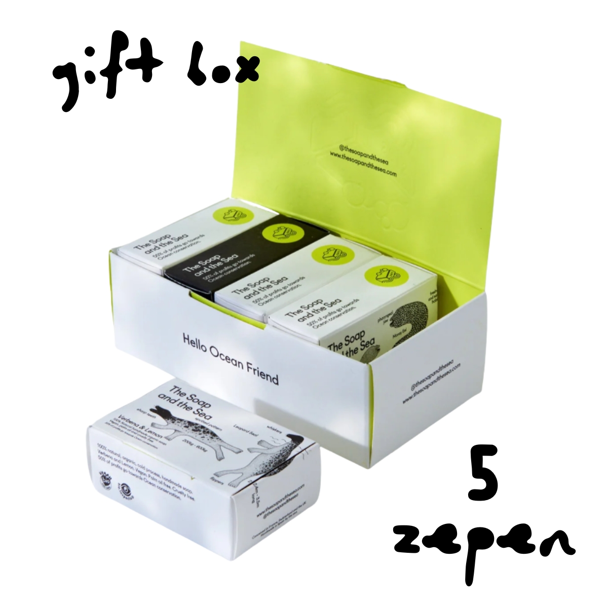The Soap and the Sea giftbox Big Splash met alle 5 de zepen in een cadeauverpakking met de tekst giftbox erbij