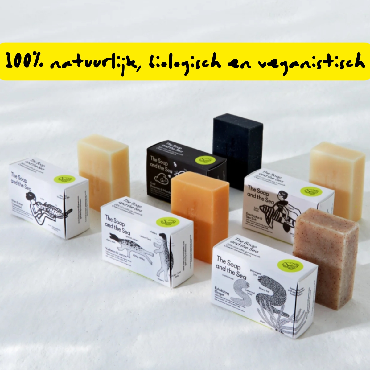 The Soap and the Sea giftbox Big Splash met alle 5 de zepen in een cadeauverpakking alle 5 de zepen in en uit de verpakking