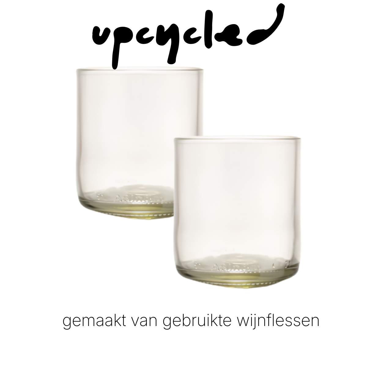Rebottled tumbler short, 2 stuks, helder glas met de tekst upcycling