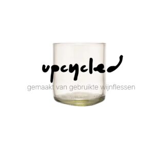 Rebottled tumbler short, 1 stuk, helder glas met de tekst upcycling