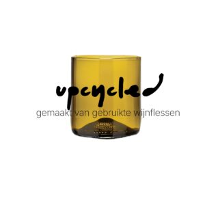 Rebottled tumbler short, 1 stuk, olijf-kleurig glas met de tekst upcycling