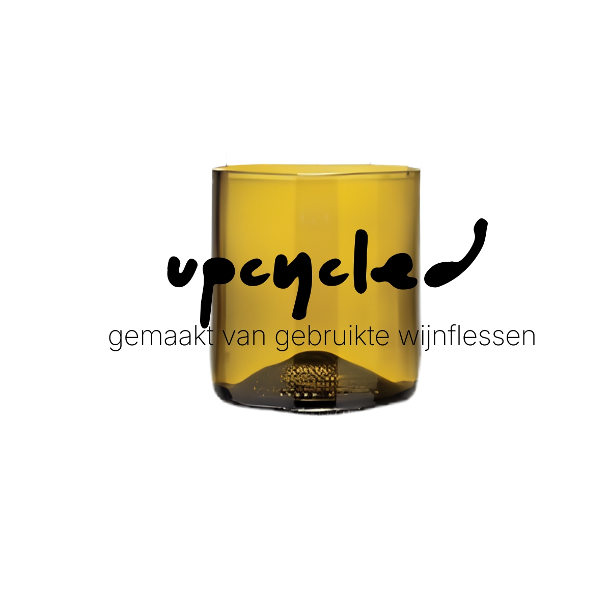 Rebottled tumbler short, 1 stuk, olijf-kleurig glas met de tekst upcycling