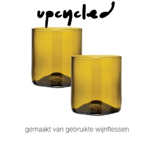 Rebottled tumbler short, 2 stuks, olijf-kleurig glas met de tekst upcycling
